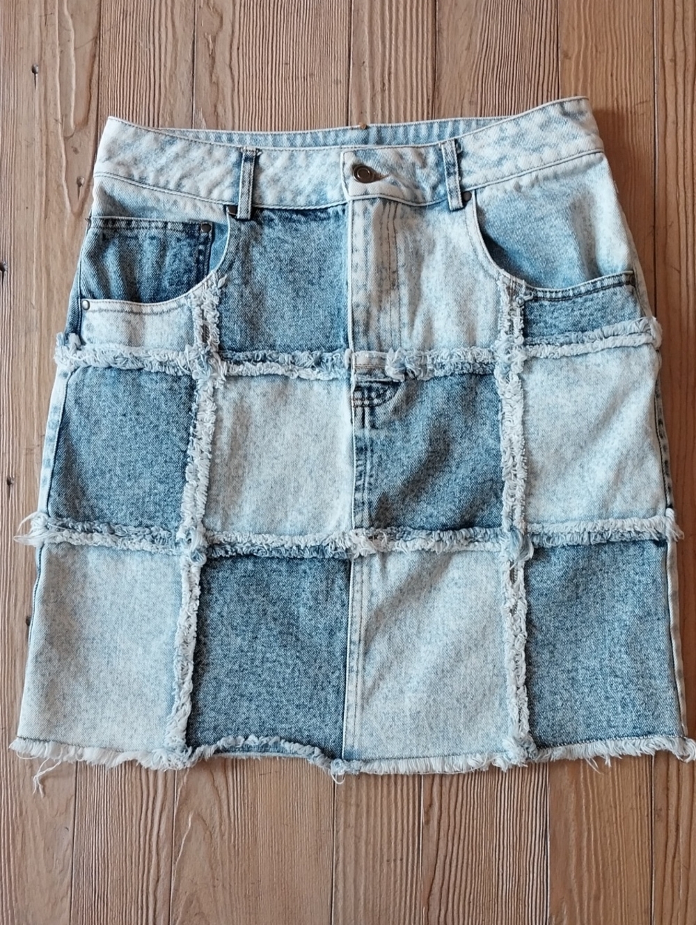 Oli & Hali Two-Tone Patchwork Denim Mini Skirt - Light Blue & Dark Blue